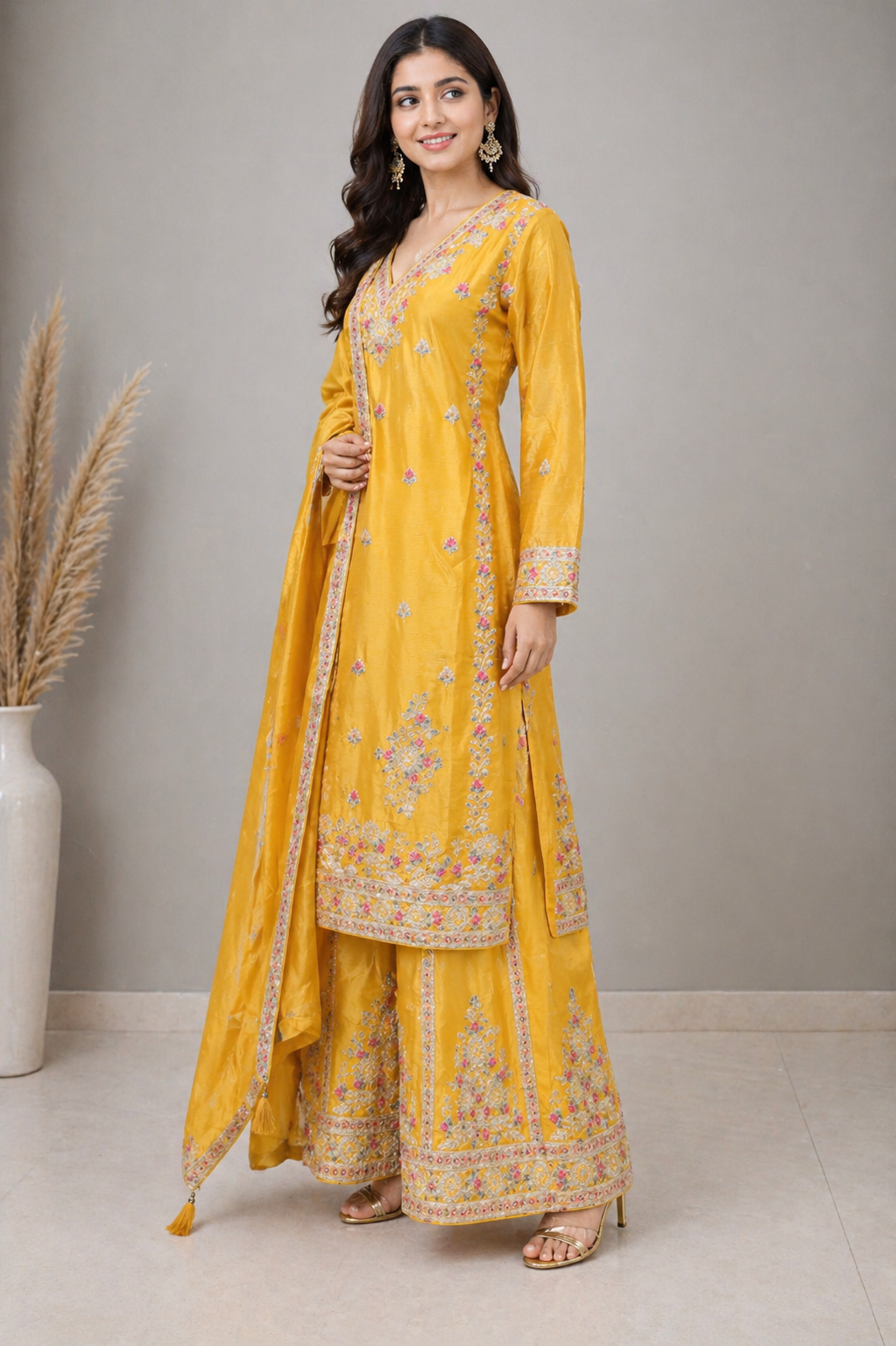 Yellow Palazzo Set with Pink & Golden Embroidery work