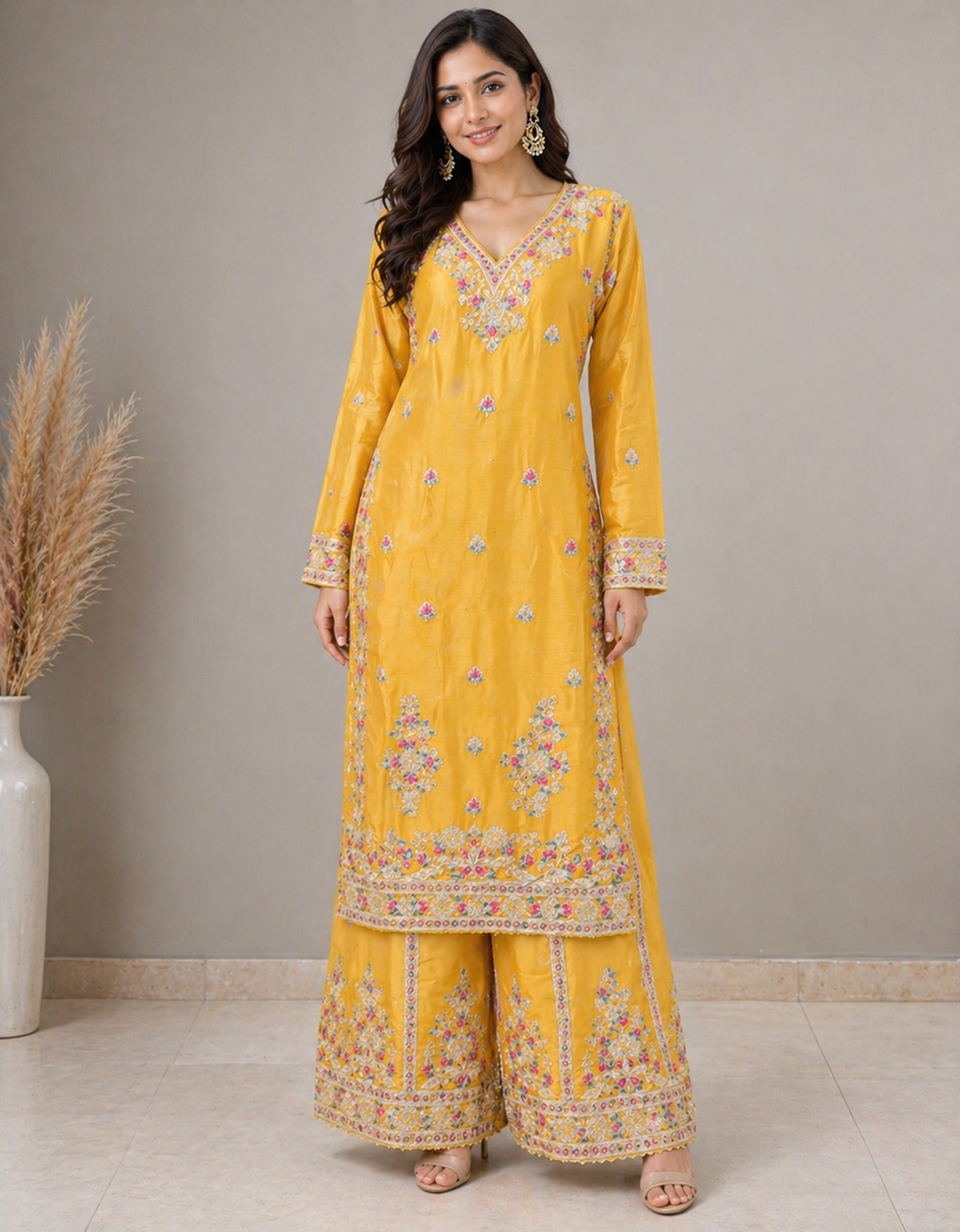 Yellow Palazzo Set with Pink & Golden Embroidery work