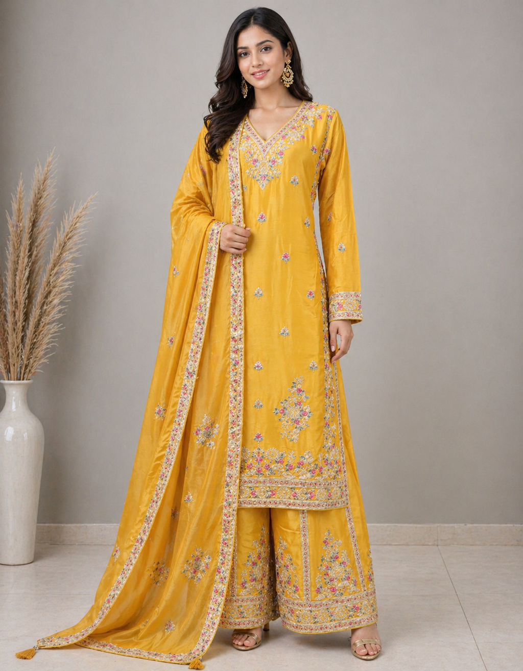 Yellow Palazzo Set with Pink & Golden Embroidery work