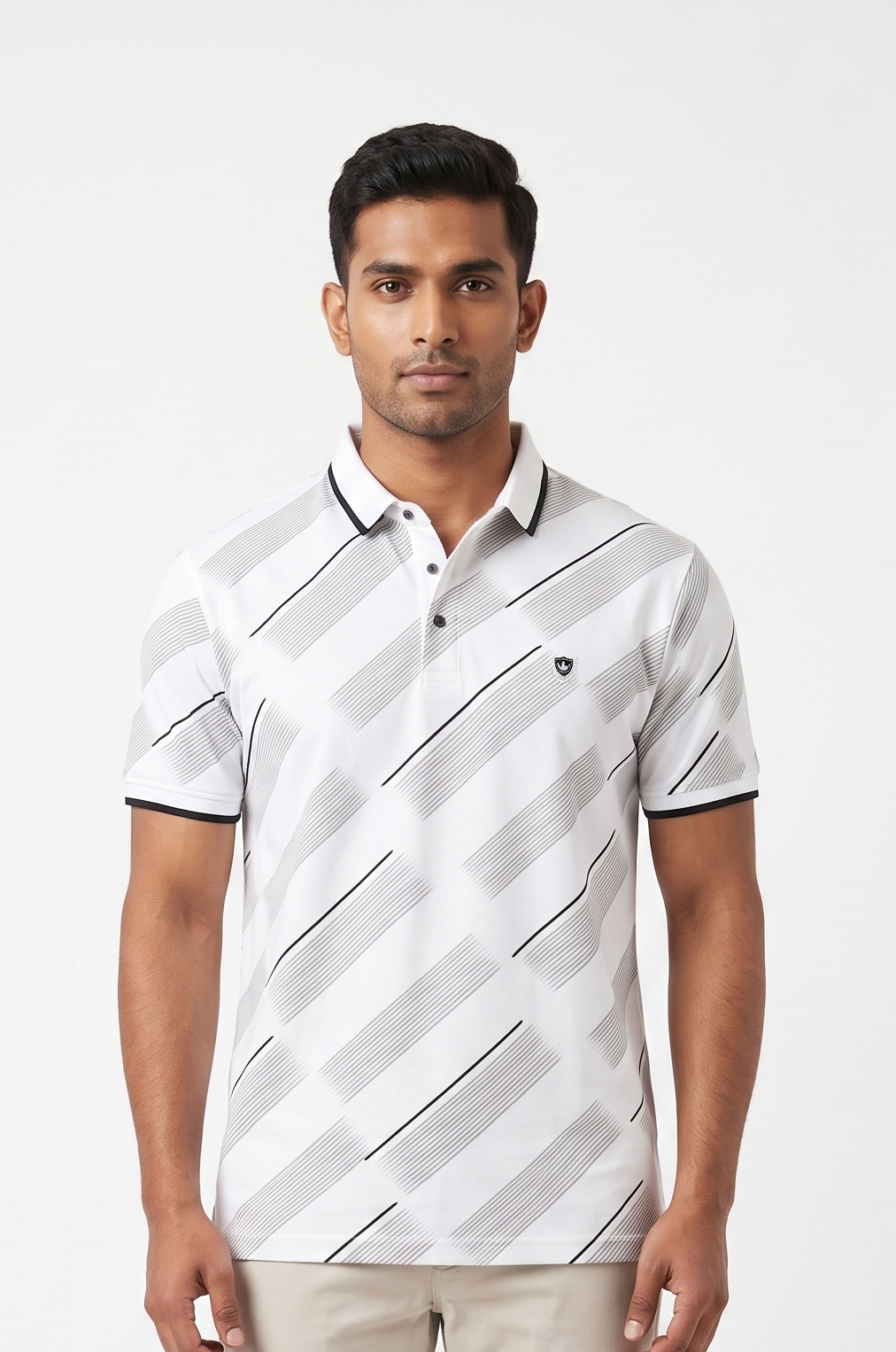 Men Striped White Grey Polo T shirt